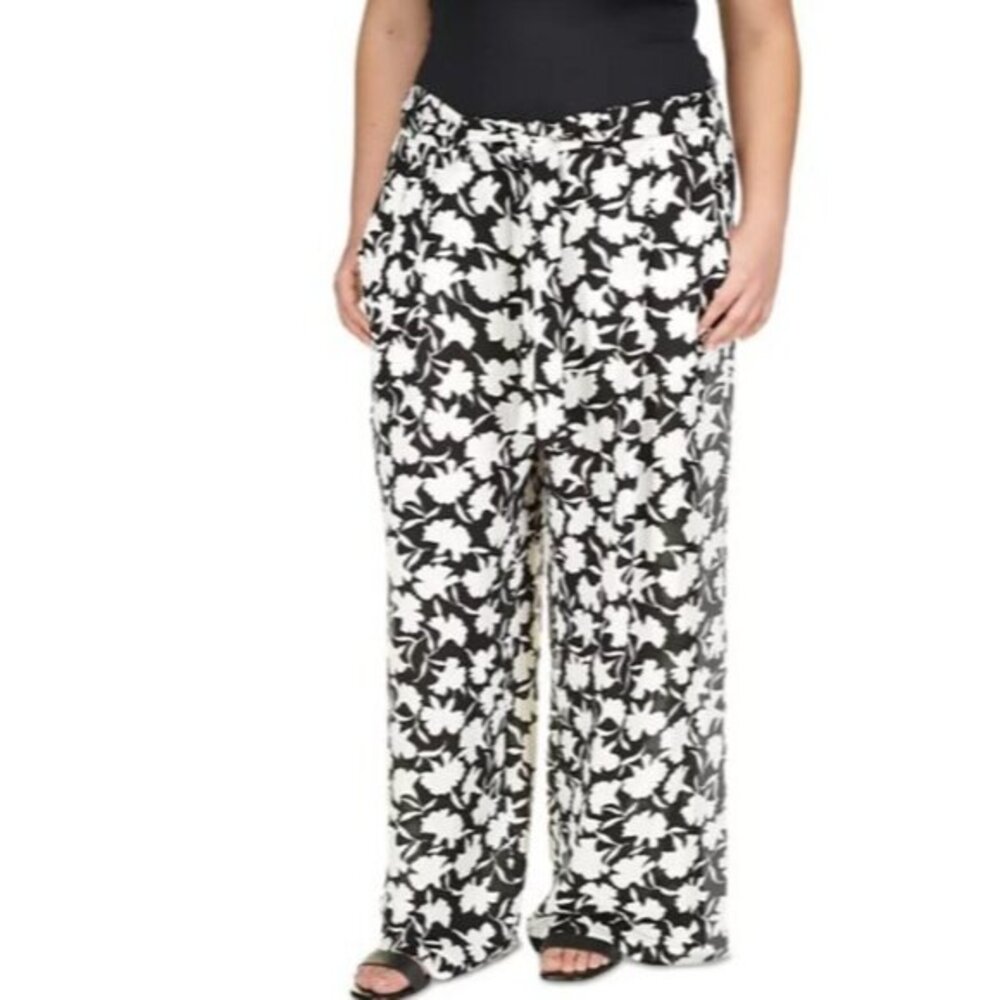 Michael Kors Plus Size Floral Belted Pants 22W Black white Relaxed Fit Flowy NWT